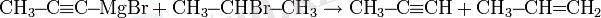 \mbox{CH}_3\!\!-\!\!\mbox{C}\!\!\equiv\!\!\mbox{C}\!\!-\!\!\mbox{MgBr}+\mbox{CH}_3\!\!-\!\!\mbox{CHBr}\!\!-\!\!\mbox{CH}_3\rightarrow\mbox{CH}_3\!\!-\!\!\mbox{C}\!\!\equiv\!\!\mbox{CH}+\mbox{CH}_3\!\!-\!\!\mbox{CH}\!\!=\!\!\mbox{CH}_2