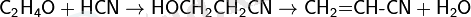 \mathsf{C_2H_4O + HCN \rightarrow HOCH_2CH_2CN \rightarrow CH_2\text{=}CH\text{-}CN + H_2O}